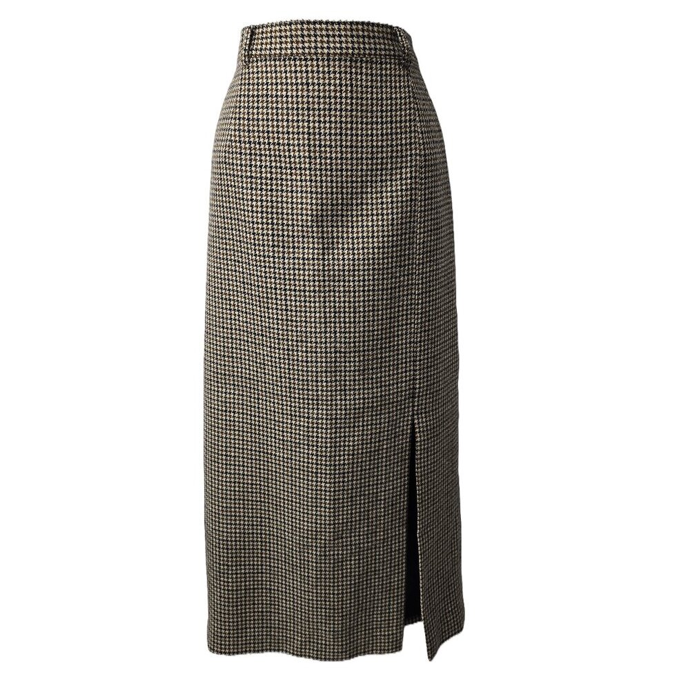 Vintage 90s Houndstooth Pencil Skirt 8 Worsted Wool Lined Brown Y2K Office Work